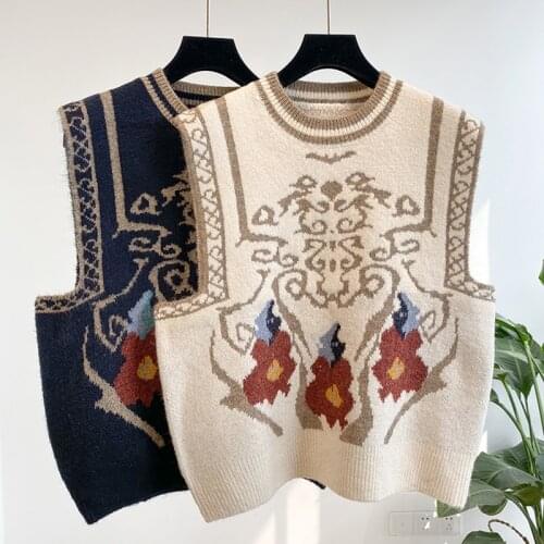 Vintage Korean Sweater Vest Women Autumn Winter O Neck knitted Vest for women Waistcoat Sleeveless jacket gilet femme