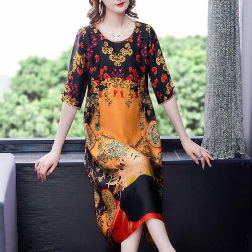 2021 Summer Boho Print Mulberry Silk Midi Dress Casual Vintage 4XL Plus Size Loose Dresses Women Elegant Bodycon Party Vestidos