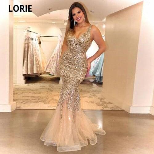 LORIE Champagne Mermaid Evening Dresses Long Crystal Diamond Beaded Elegant Pageant Dress Formal Special Occasion Gown V-neck