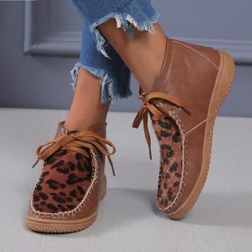 2020 New Round Head Leopard Print Leather Boots 2020 Winter Ankle Boots for Women with Flat Bottoms Lace-Up Size 43 Women Shoes