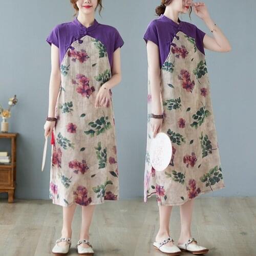 2021 chinese traditional splicing design qipao dress stand-up collar design summer large size floral printing casual dress