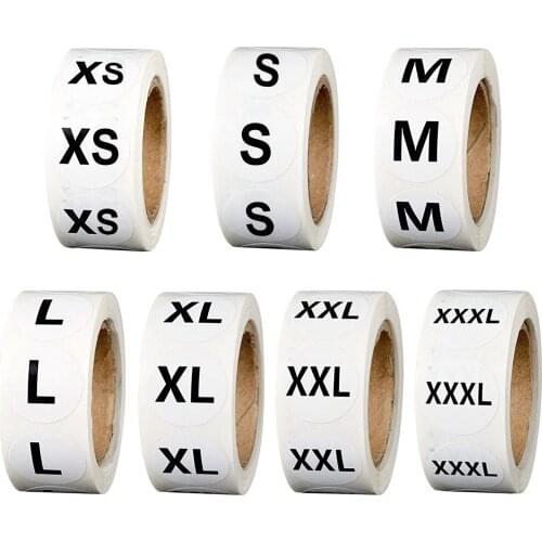 500Pcs 1 inch 7 Sizes Clothing Size Round Stickers Labels White Self-Adhesive Scrapbook Sticker with Black Text ,T Shirts Retail