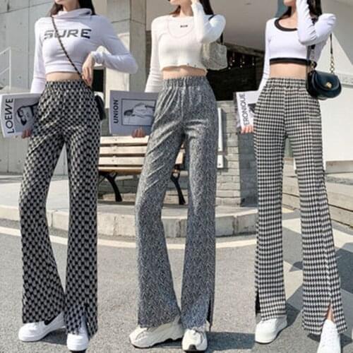 Spring Summer Wide Leg Pants for Women Houndstooth Korean Fashion Flares Slim High Waist Harajuku Streetwear Women Trousers