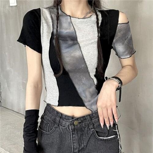 Hot Girl Strapless Short Sleeve T Shirt Tie-Dye Slim Fit Contrasting Color Stitching Irregular Design Sense Navel T Shirt Short