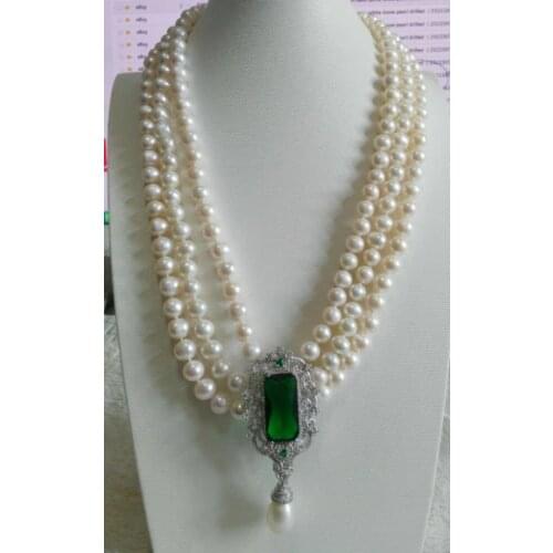 NEW 3 strands 8-9mm south sea white pearl pendant necklace 17"-19" earring set