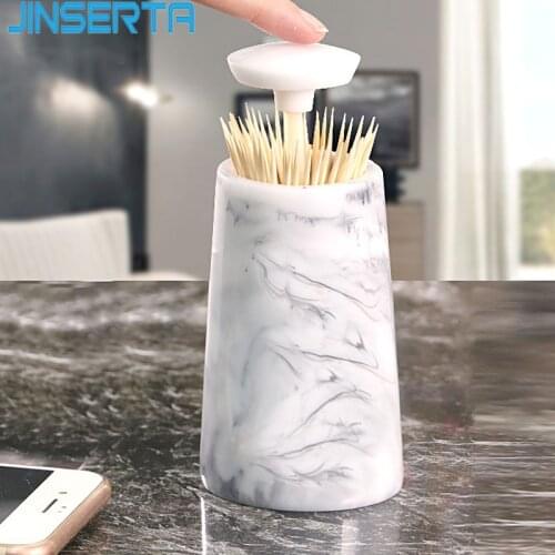 JINSERTA Marbled Toothpick Storage Box Resin Luxury Automatic Push Toothpick Holder Creative Living Room Decorative Organizer