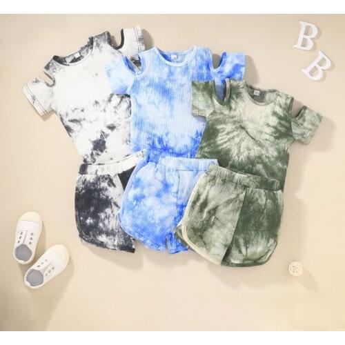 Girls suit 2021 summer fashion new tie-dye short-sleeved T-shirt shorts 2PCS soft striped suit girl clothes 2-6 years old