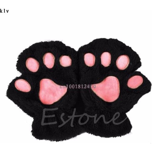 Winter Women Cute Cat Claw Paw Plush Mittens Short Fingerless Half Finger Gloves