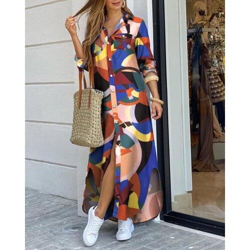 Fashionable Shirt-style Button Dress Ladies Casual Long Street Dress Large Size Loose Home Commuter Print Dress Women
