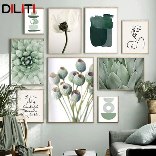 Green Plant Cactus Wall Art Print Line Geometry Abstract Canvas Painting Nordic Live Quote Poster Pictures for Living Room