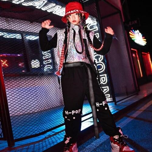 Girls Street Dance Clothing Outfit Sequins Vset Jazz Dancing Performance Stage Dancewear Streetwear Practice Trousers VDB3634