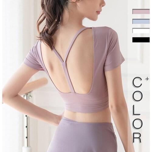 Yoga wear womens high elastic beauty back short-sleeved workout clothes dancing and running chest pad crew neck sweatshirt