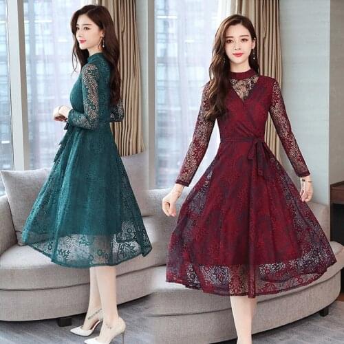 Autumn Winter Vintage Plus Size Lace Sexy Dress 2019 Korean Elegant Women Casual Bodycon Party Black Maxi Dresses Vestidos R801