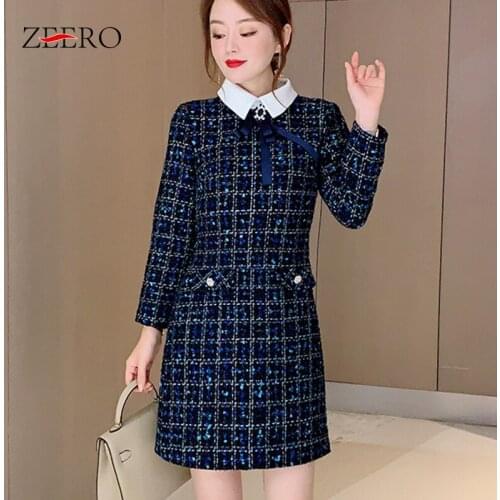 Autumn Winter Female Tweed Vintage Plaid Splicing Lapel Bow Dress Women Elegant Slim Long Sleeve Chic Button A-Line Mini Dresses