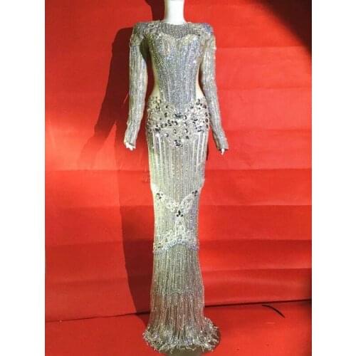 Sexy Stage Wear Long Dresses Sparkly Luxury Glisten Silver Rhinestones Dress Full Crystals Costume Celebrate Outfit Dresses