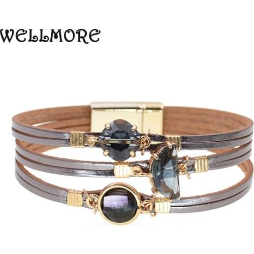 WELLMORE new glass leather women bracelet charm bracelets for women fashion party Wedding jewelry wholesale drop shipping