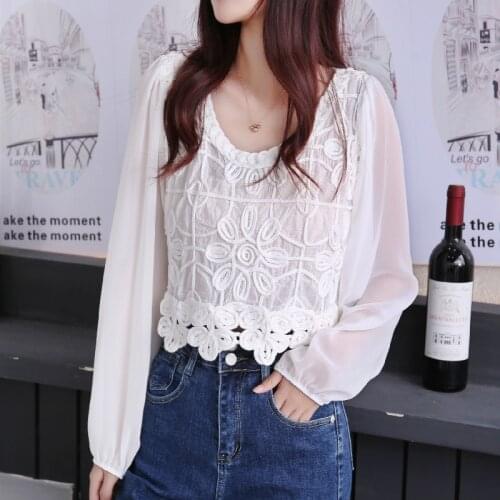 White Blouse 2021 Summer French Hook Flower Hollow O-Neck Blouse Women Long Sleeve Chiffon Shirt Elegant Apricot Tops 14124