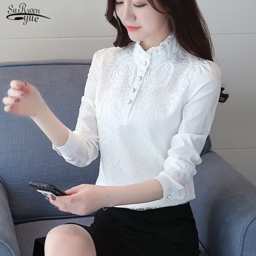 2021 Spring Lace Solid Chiffon Blouse Women Summer Female White Shirt Tops Plus Size Office Lady Stand Collar Casual Tops 5814