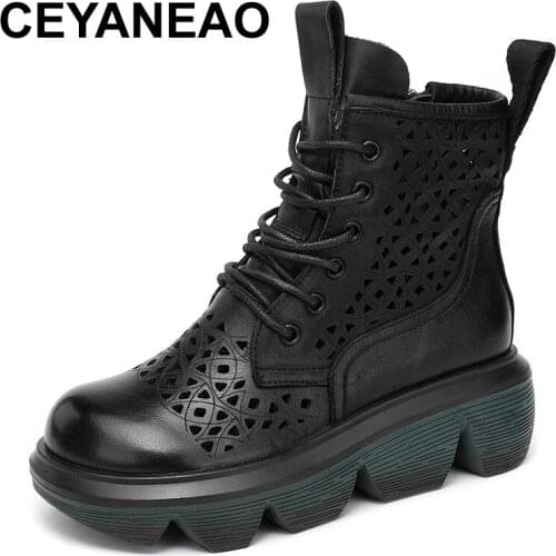 CEYANEAO Retro Genuine Leather Women Sandals 2021 New Summer Shoes Zip Handmade Concise Hollow Lace-Up Platform Ladies Sandals