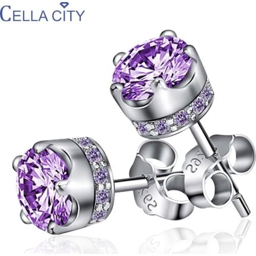 Cellacity Stud Earrings for Women Silver 925 Jewelry Round Gemstones Ear Studs Purple White Female Engagement Jewelry Wholesale