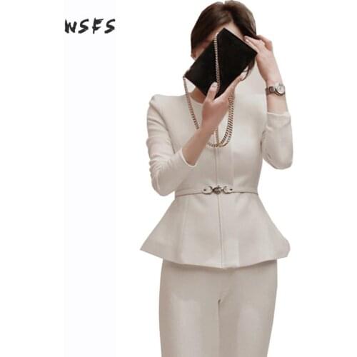 Wsfs 2 Pieces Set Autumn Business White Black Formal Flare Suits Jacket For Women Work Office Long Sleeve Bandage Pants Vestidos