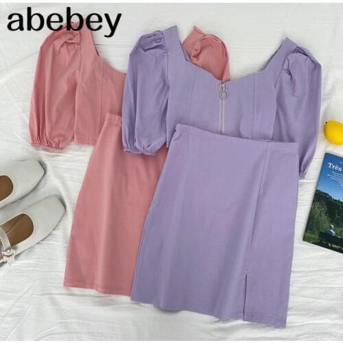 2021 New Summer Women Square Collar zipper Puff sleeve short Top + high waist slim split Skirt two piece set