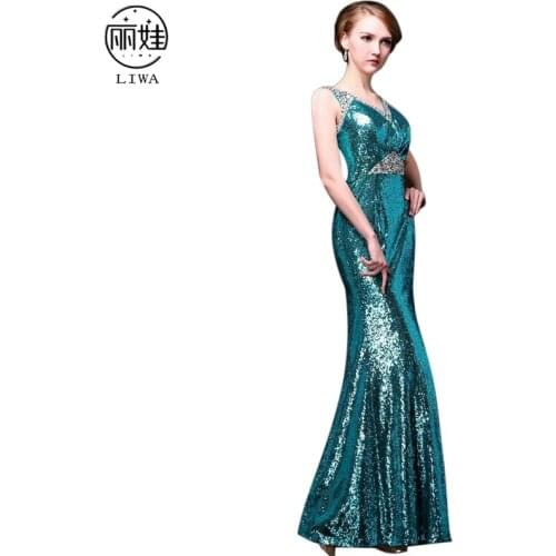 Sequin Lace Sexy V-Neck Slim Mermaid Evening Dress 2016 Robe De Soiree S-4XL Plus Size Backless Long Party Vestido De FestaBV106