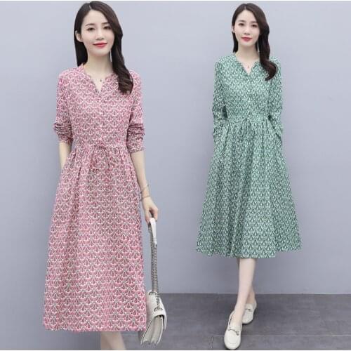2021 Vintage Cotton Linen Casual Print Midi Dresses Spring Autumn Plus Size Pink Maxi Dress Elegant Women Bodycon Party Vestidos
