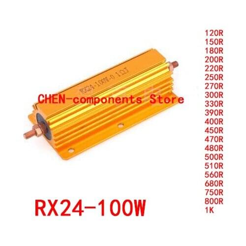 5PCS RX24 100W Gold aluminum shell resistor 120R 150 180R 220R 250R 270R 330R 390 450R 470R 480R 500 510R 560R 680R 750R 800R 1K