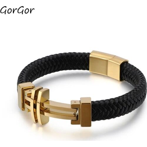GorGor Bracelets Men Stainless Steel Pattern Gold-color Weave Cowhide Simplicity Individuality Party Accessories KB117791-KFC