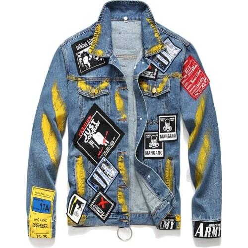 Punk Denim Jacket Youth Male Personality Gold Paint Jean Tops Trend Badge Embroidery Mens Autumn Loose Casual Cowboys Jackets