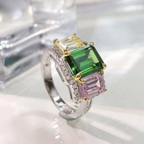 100% 925 Sterling Silver 10*12mm Synthetic Emerald Citrine Pink quartz Rings For Women Sparkling Wedding Party Fine Jewelry Gift