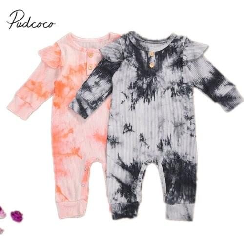 Toddler Baby Girl Long Sleeve Romper Tie dye Gradient Color Printing Button Design Ribbed Closing Spring Autumn Clothing