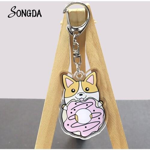 Cute Cartoon Puppy Collection Acrylic Keychains Holder Corgi Swimming Ring Dog Key Chain Two-Sided Keyrings Unisex Jewelry Gifts