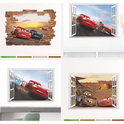 Cartoon Disney Mcqueen Cars 3D Wall Stickers For Kids Room Boys Fake Window PVC Wallpaper Murals Sticker Decals Room Decoration