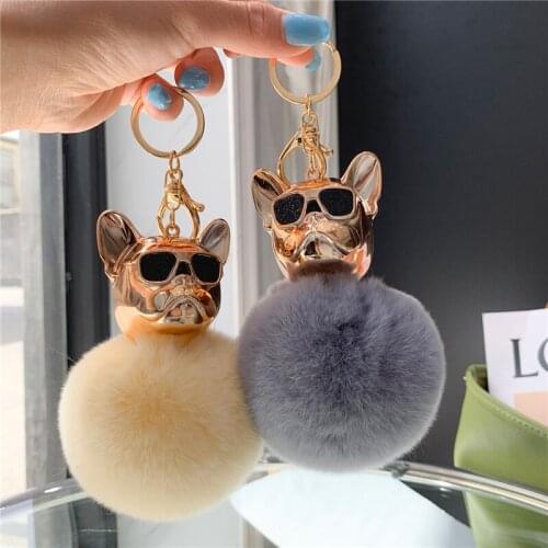 Plush Rex Rabbit Fur Ball Real Keychain Handbag Pendant Cute Dog Head Ornaments Women Car Key Metal Keyring Kids Toys Trinkets