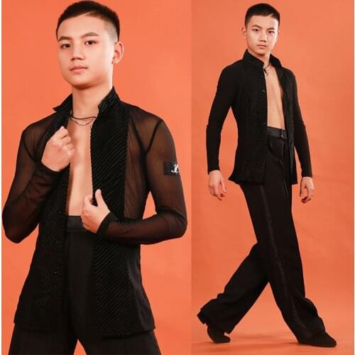Professional Mens Latin Dance Tops Sexy Perspective Mesh Long Sleeves Jacket Ballroom Cha Cha Competition Dance Clothes DL5694