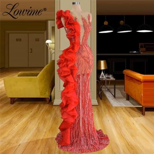 Robe De Soiree Red Beaded Illusion Evening Dress 2020 Dubai Kaftan Turkish Party Gown Custom Made Mermaid Prom Dresses Vestidos