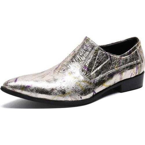 Personality Men Shoes Pointed Metal Tip Leather Dress Shoes Slip on White Party & Wedding Shoes Men Zapatos Hombre