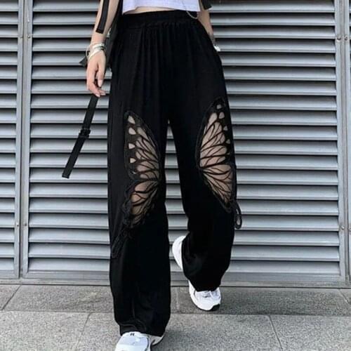 Harajuku Butterfly Hollow Black Woman Pants 2021 New Ankle-Length High Elastic Waist Wide Leg Pants Teens Hip Hop Bottom Clothes