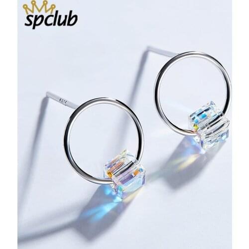 Trending Original Cube Crystals from Swarovski Circular Stud Earrings For Women Sterling Silver 925 Jewelry Korean Earrings Gift