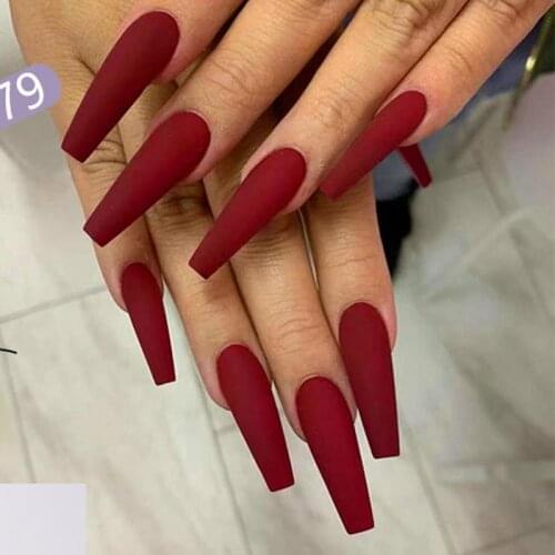 24pcs/Set Coffin Shape False Nails Wine Red Blue European Artificial Ballerina Full Nail Art Tips with Glue Press on Salon Nails