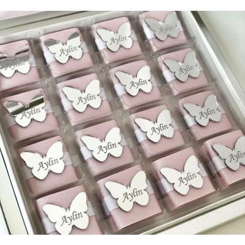 50pcs Buttterfly Chocolate Favors, Baby ShowerCustom Made Gold Acrylic Mirror Tags, Personalized Acrylic Tags