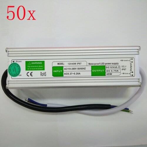 FREE DHL/CDEK, 50pcs/lot DC12V 45W LED power driver,Input 110V~260V IP67 waterproof power supply transformer