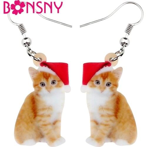 Bonsny Acrylic Christmas Sweet Orange Cat Kitten Earrings Drop Dangle Pets Gift Women Girl Teens Kids Festival Charms Decoration