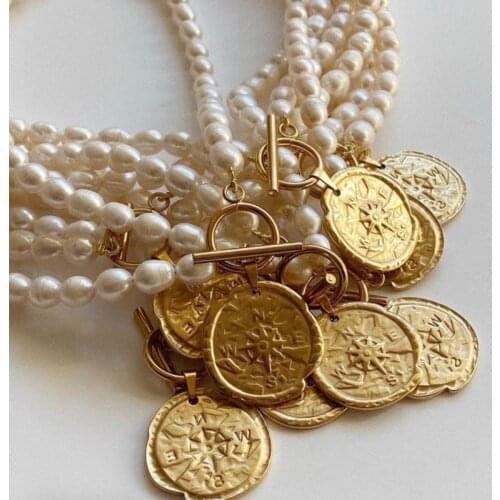 Amorita boutique Natural pearl retro style the directions of coin all season long chain necklace