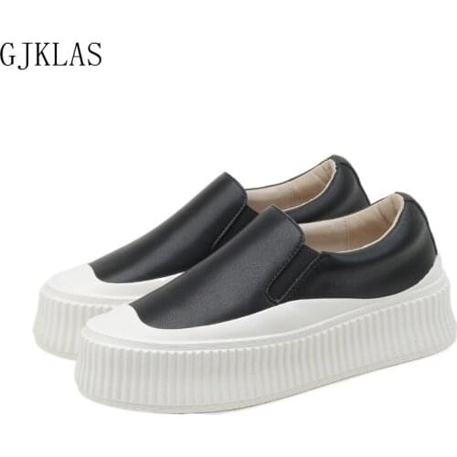 Slip on Platform Shoes for Women Genuine Leather Sneakers White Black Shoes Platforms Real Leather Casual Shoes Sport Femme