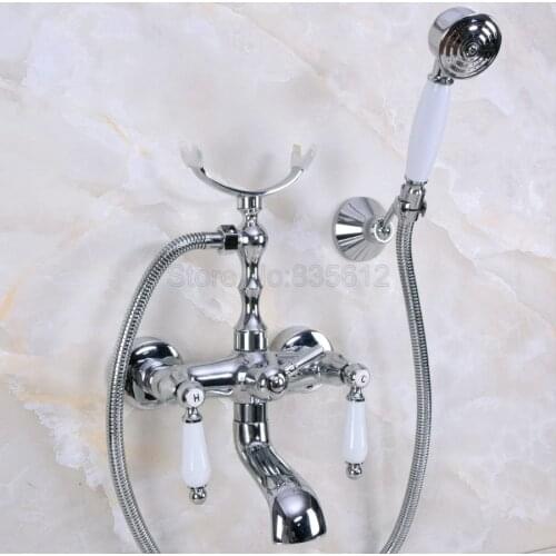 Wall Mounted Chrome Polished Clawfoot Bathtub Faucet telephone style Bath Shower Water Mixer tap with Handshower tna236
