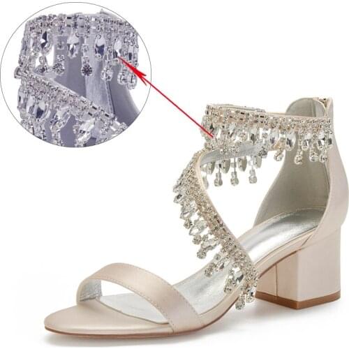 New Women Mid Heels Sandals Zipper Back Satin Ivory Wedding Sandal for Bride Open Toe Pearl Tassel Party Dress Shoes Summer