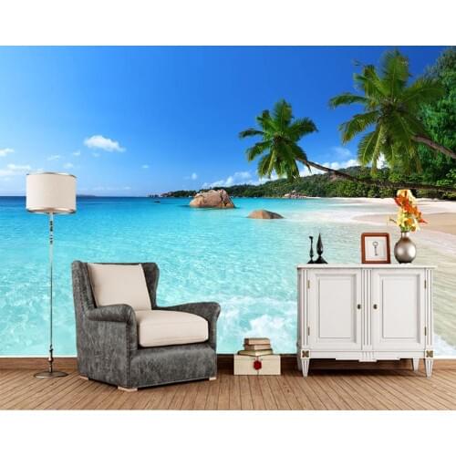 Blue sea sky beach trees natural landscape 3d wallpaper papel de parede,living room tv sofa wall bedroom wall papes home decor